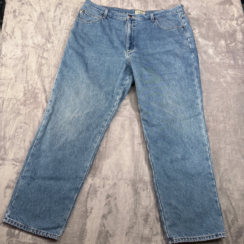 LL Bean Flannel Lined Jeans Mens 42x32 Natural Fit Medium Wash Blue‎ 130657